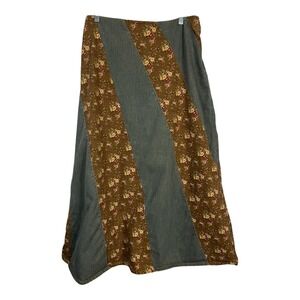 Crossing Pointe Vintage Denim Floral Patchwork Maxi Skirt Blue Brown Size 14